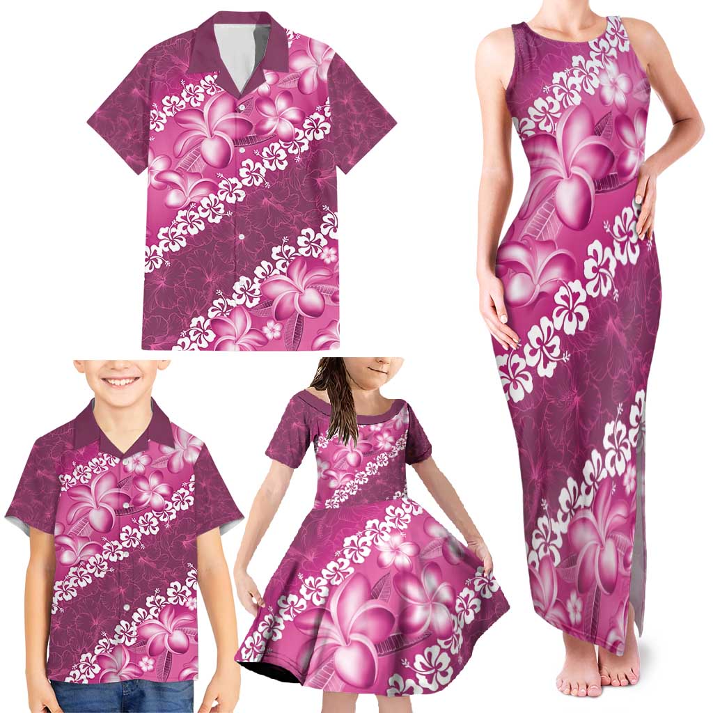 Vintage Pink Polynesia Family Matching Tank Maxi Dress and Hawaiian Shirt Plumeria With Hibiscus Tropical Vibes LT14 - Polynesian Pride