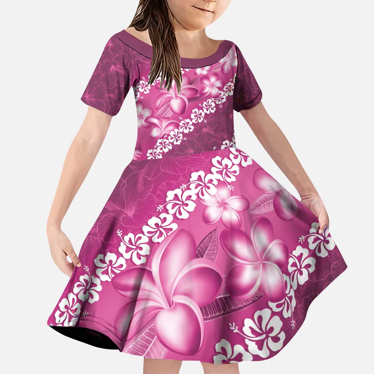 Vintage Pink Polynesia Kid Short Sleeve Dress Plumeria With Hibiscus Tropical Vibes