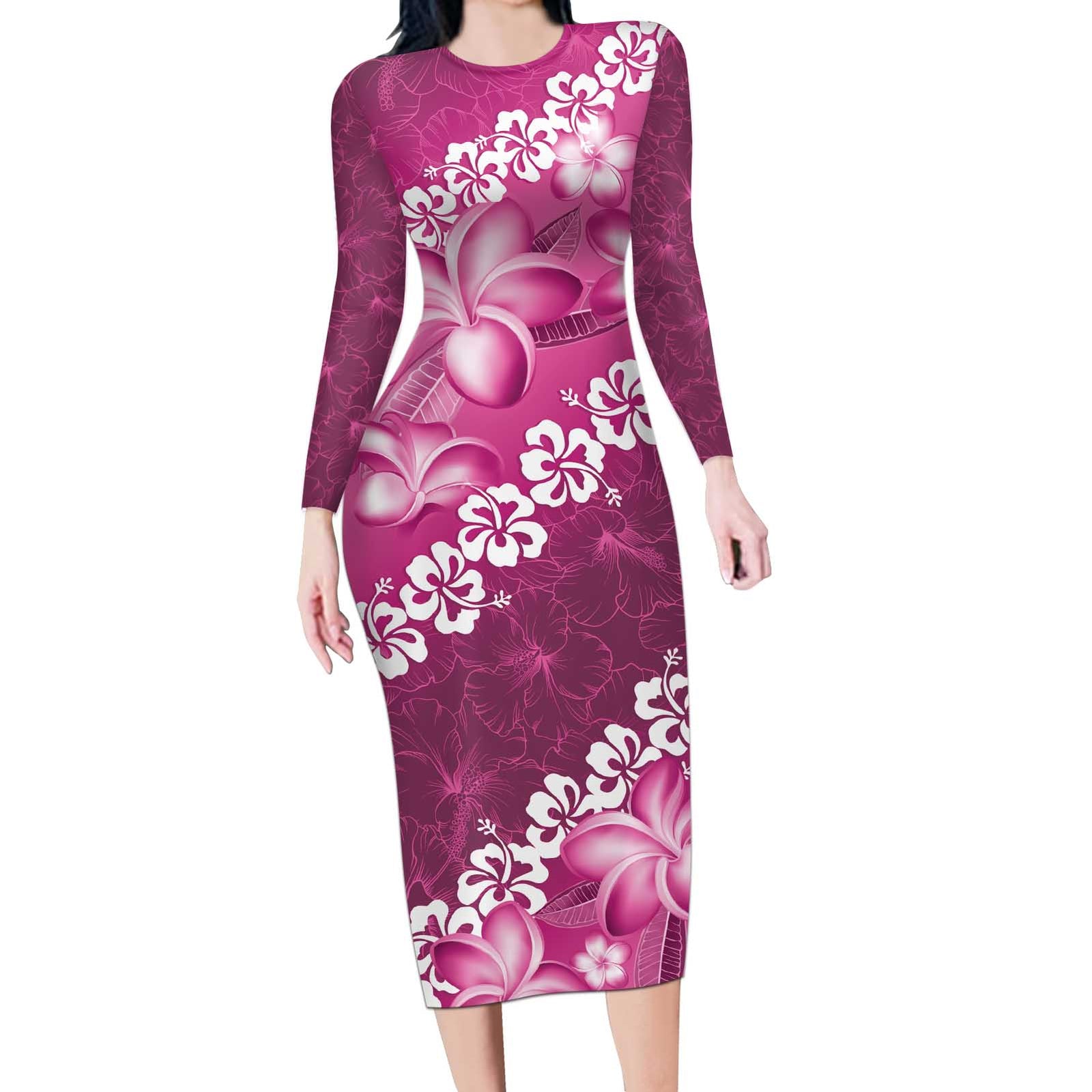 Vintage Pink Polynesia Long Sleeve Bodycon Dress Plumeria With Hibiscus Tropical Vibes LT14 Long Dress Pink - Polynesian Pride
