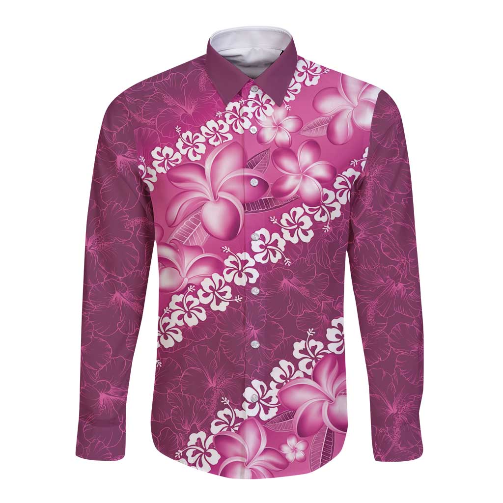 Vintage Pink Polynesia Long Sleeve Button Shirt Plumeria With Hibiscus Tropical Vibes LT14 Unisex Pink - Polynesian Pride