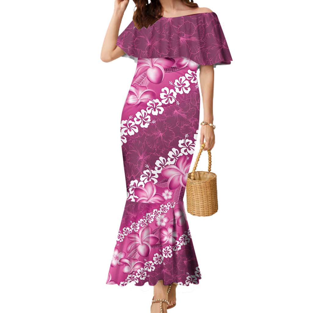 Vintage Pink Polynesia Mermaid Dress Plumeria With Hibiscus Tropical Vibes LT14 Women Pink - Polynesian Pride