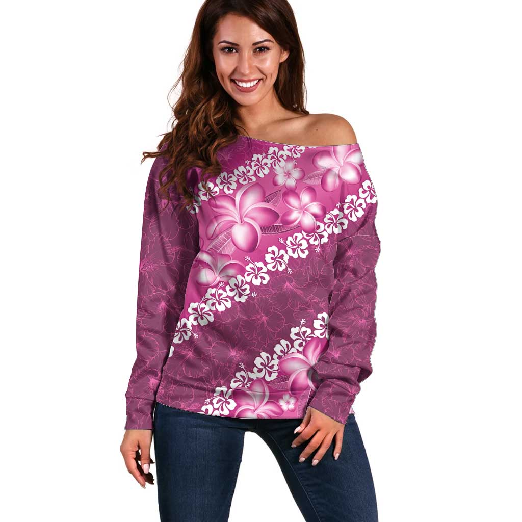 Vintage Pink Polynesia Off Shoulder Sweater Plumeria With Hibiscus Tropical Vibes LT14 Women Pink - Polynesian Pride