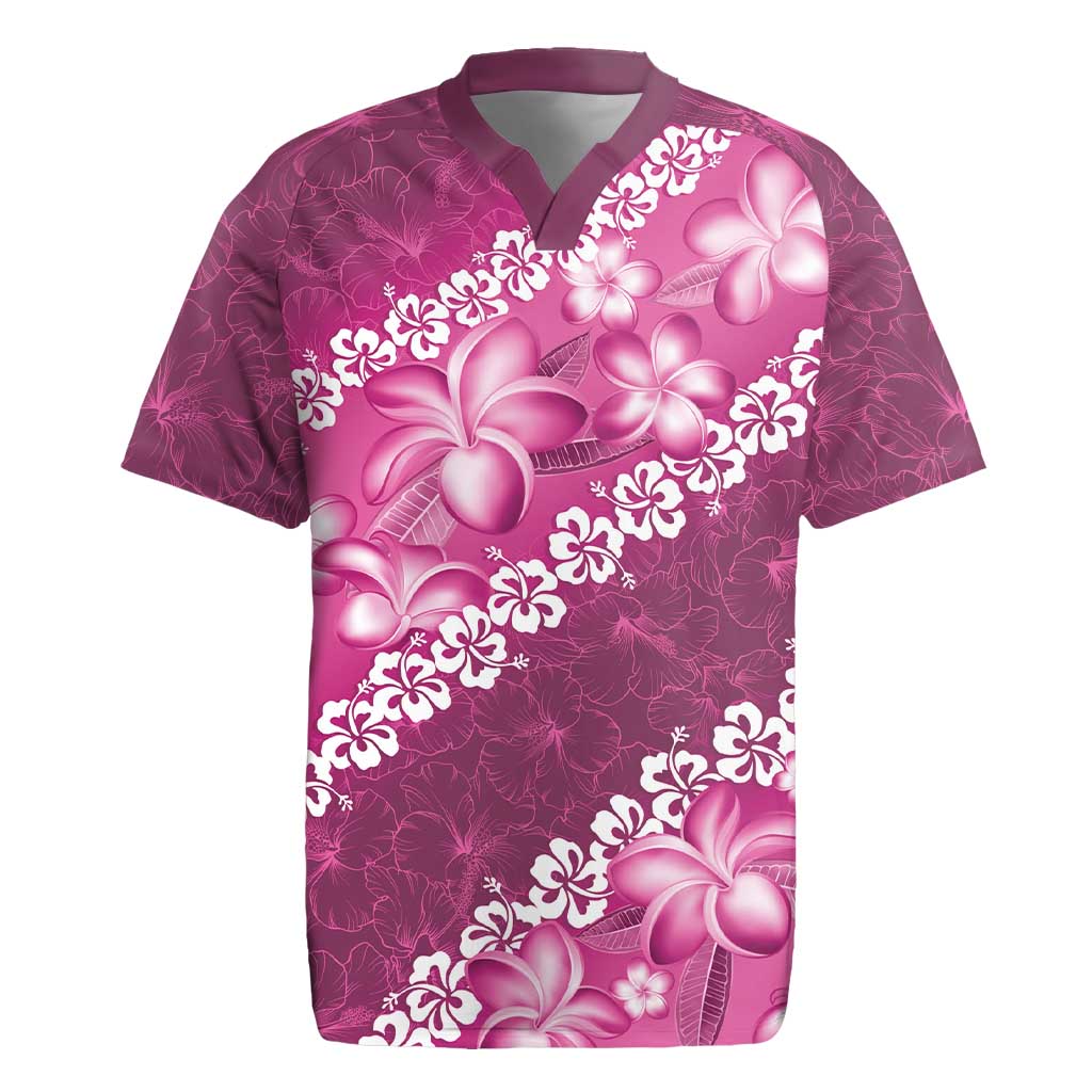 Vintage Pink Polynesia Rugby Jersey Plumeria With Hibiscus Tropical Vibes LT14 Pink - Polynesian Pride