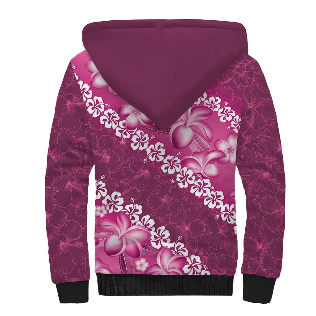 Vintage Pink Polynesia Sherpa Hoodie Plumeria With Hibiscus Tropical Vibes