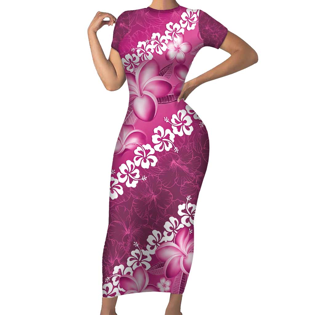 Vintage Pink Polynesia Short Sleeve Bodycon Dress Plumeria With Hibiscus Tropical Vibes LT14 Long Dress Pink - Polynesian Pride