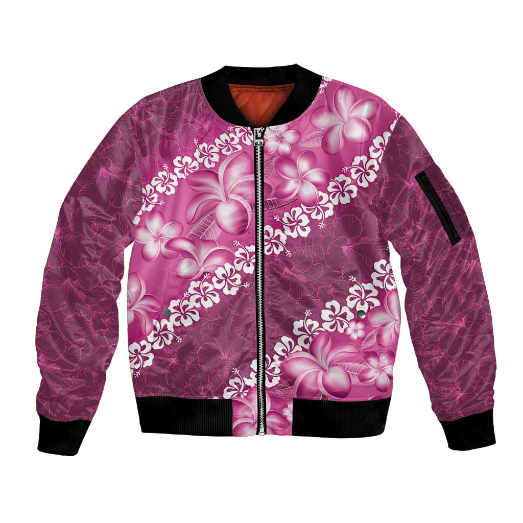 Vintage Pink Polynesia Sleeve Zip Bomber Jacket Plumeria With Hibiscus Tropical Vibes LT14 Unisex Pink - Polynesian Pride