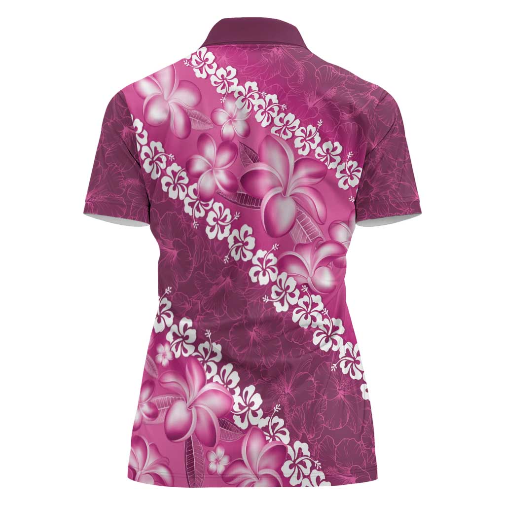 Vintage Pink Polynesia Women Polo Shirt Plumeria With Hibiscus Tropical Vibes