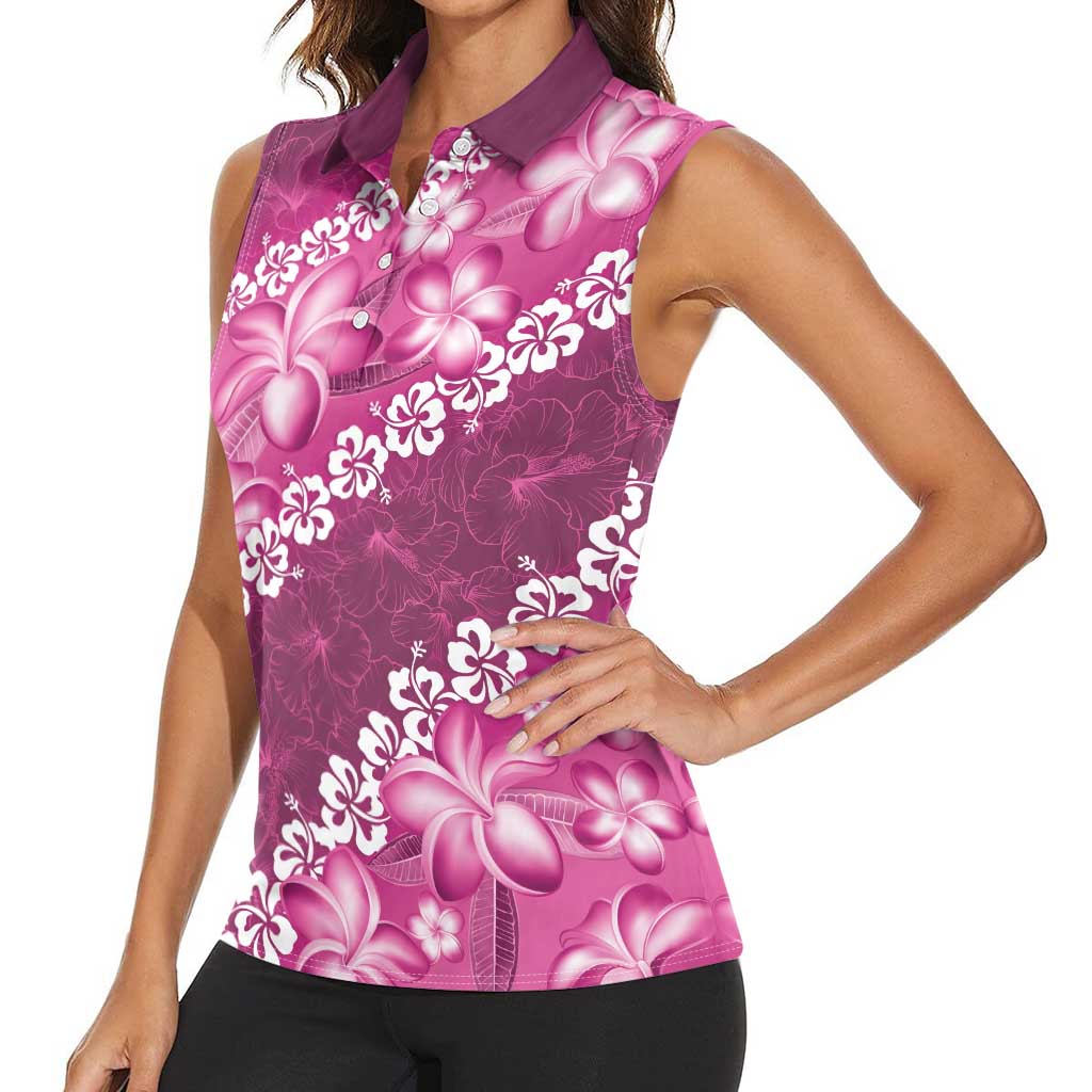 Vintage Pink Polynesia Women Sleeveless Polo Shirt Plumeria With Hibiscus Tropical Vibes