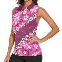 Vintage Pink Polynesia Women Sleeveless Polo Shirt Plumeria With Hibiscus Tropical Vibes