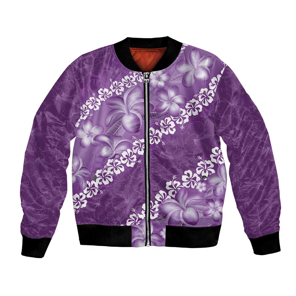 Vintage Purple Polynesia Bomber Jacket Plumeria With Hibiscus Tropical Vibes LT14 Unisex Purple - Polynesian Pride