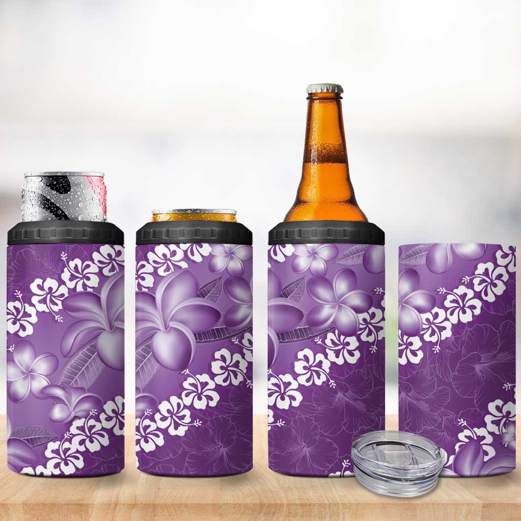 Vintage Purple Polynesia 4 in 1 Can Cooler Tumbler Plumeria With Hibiscus Tropical Vibes