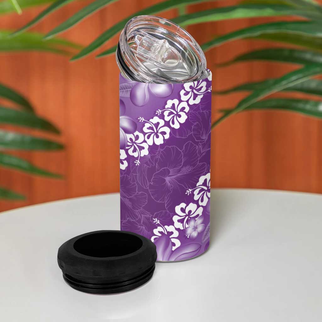 Vintage Purple Polynesia 4 in 1 Can Cooler Tumbler Plumeria With Hibiscus Tropical Vibes