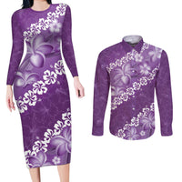 Vintage Purple Polynesia Couples Matching Long Sleeve Bodycon Dress and Long Sleeve Button Shirt Plumeria With Hibiscus Tropical Vibes