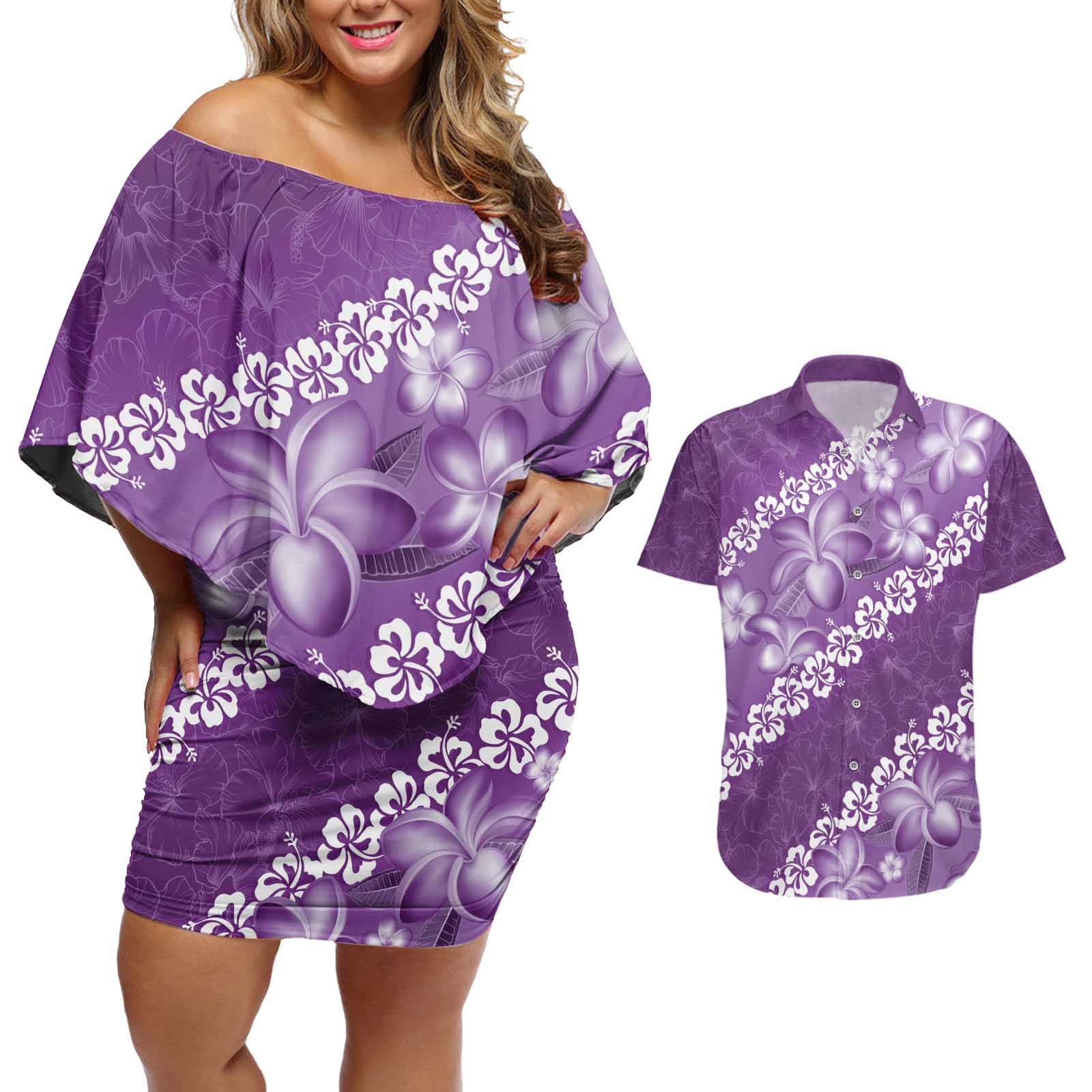 Vintage Purple Polynesia Couples Matching Off Shoulder Short Dress and Hawaiian Shirt Plumeria With Hibiscus Tropical Vibes LT14 Purple - Polynesian Pride