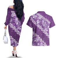 Vintage Purple Polynesia Couples Matching Off The Shoulder Long Sleeve Dress and Hawaiian Shirt Plumeria With Hibiscus Tropical Vibes