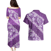 Vintage Purple Polynesia Couples Matching Puletasi and Hawaiian Shirt Plumeria With Hibiscus Tropical Vibes