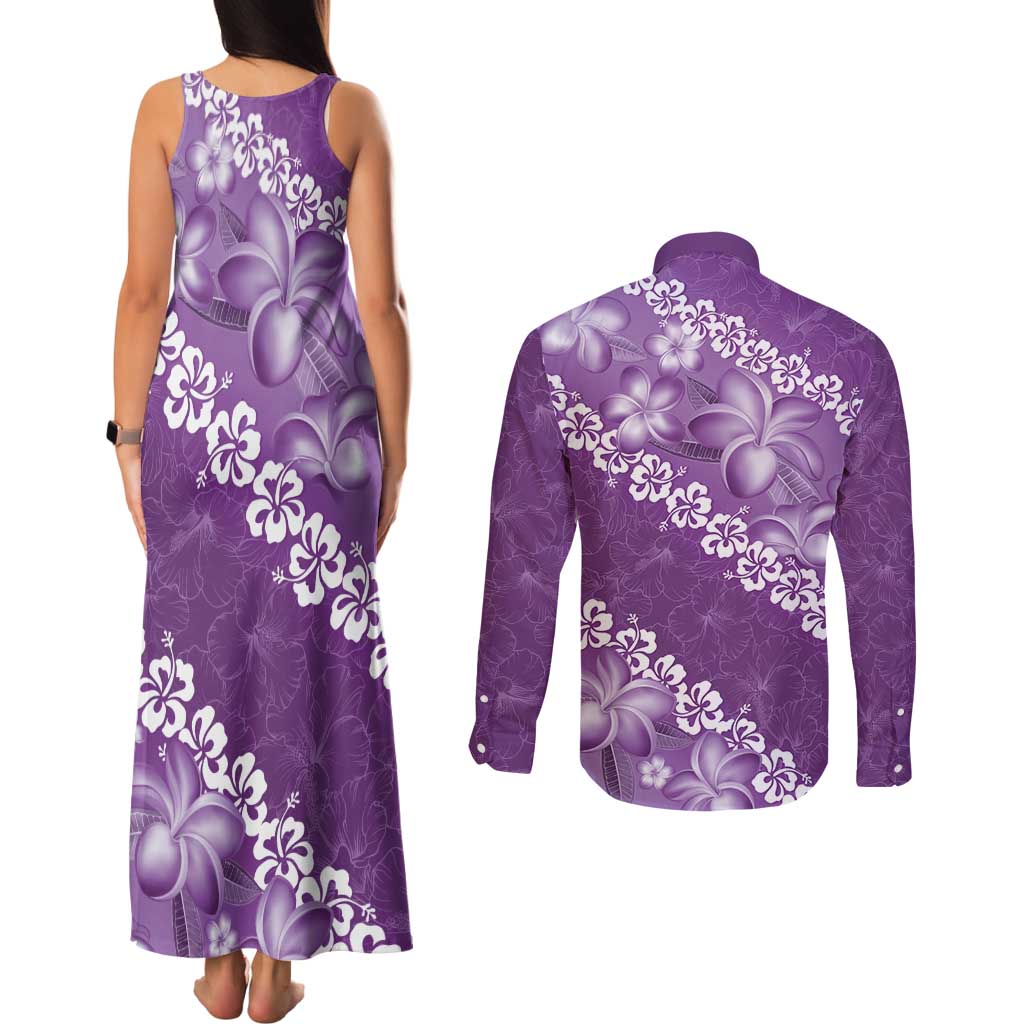 Vintage Purple Polynesia Couples Matching Tank Maxi Dress and Long Sleeve Button Shirt Plumeria With Hibiscus Tropical Vibes
