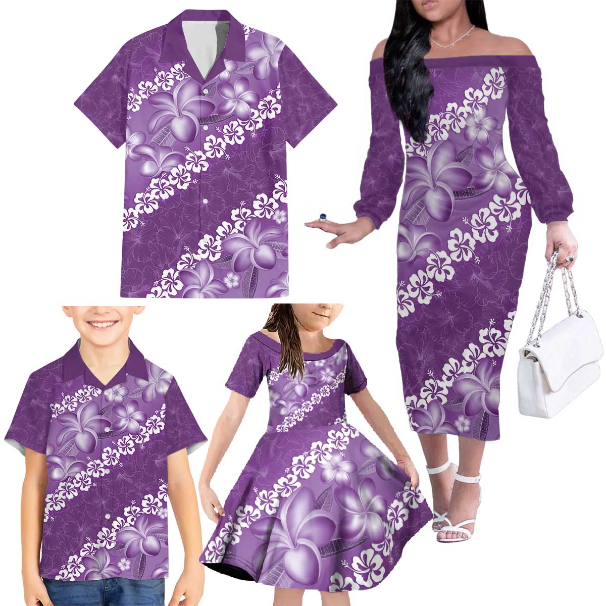 Vintage Purple Polynesia Family Matching Off The Shoulder Long Sleeve Dress and Hawaiian Shirt Plumeria With Hibiscus Tropical Vibes LT14 - Polynesian Pride