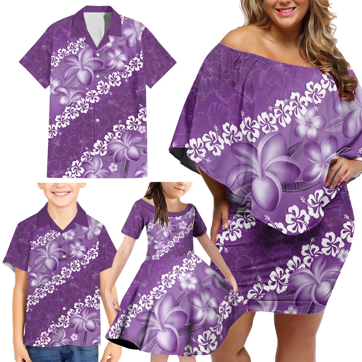 Vintage Purple Polynesia Family Matching Off Shoulder Short Dress and Hawaiian Shirt Plumeria With Hibiscus Tropical Vibes LT14 - Polynesian Pride
