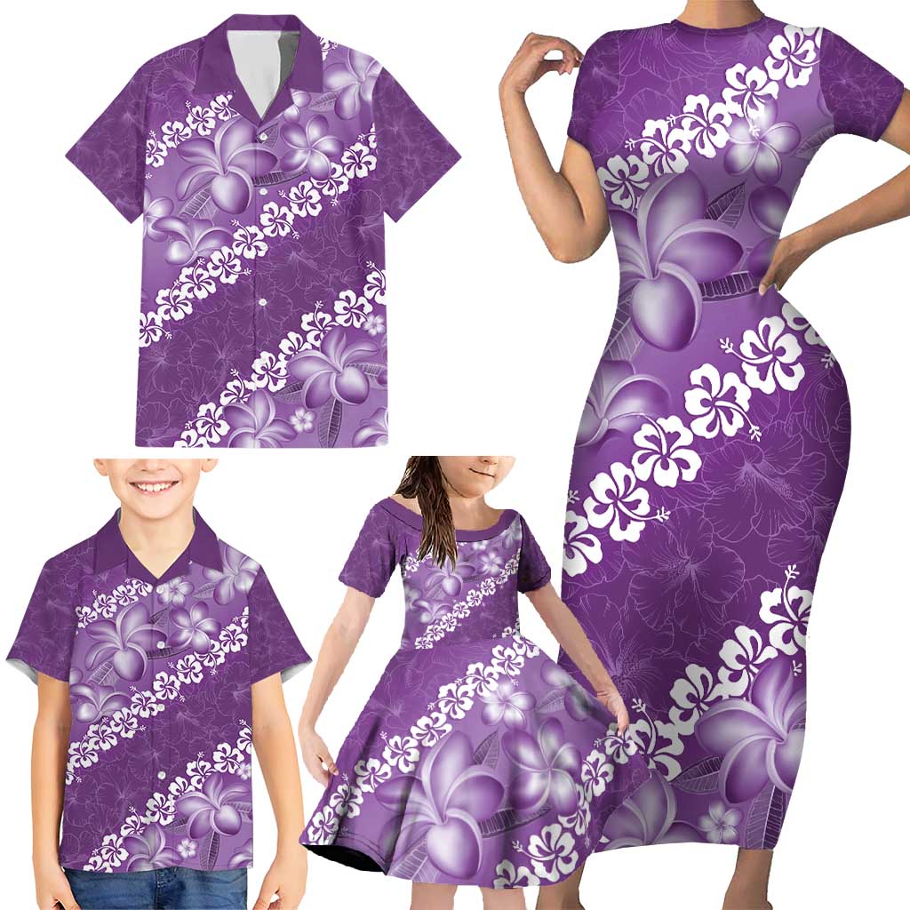 Vintage Purple Polynesia Family Matching Short Sleeve Bodycon Dress and Hawaiian Shirt Plumeria With Hibiscus Tropical Vibes LT14 - Polynesian Pride