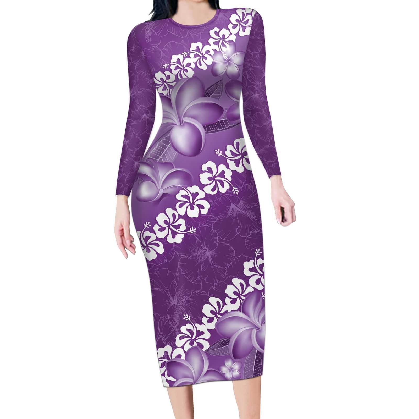 Vintage Purple Polynesia Long Sleeve Bodycon Dress Plumeria With Hibiscus Tropical Vibes LT14 Long Dress Purple - Polynesian Pride