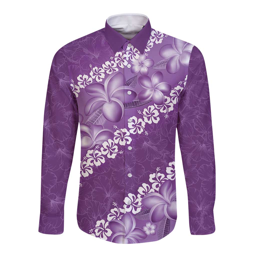 Vintage Purple Polynesia Long Sleeve Button Shirt Plumeria With Hibiscus Tropical Vibes LT14 Unisex Purple - Polynesian Pride