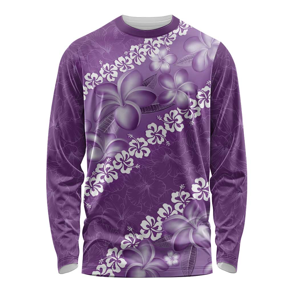 Vintage Purple Polynesia Long Sleeve Shirt Plumeria With Hibiscus Tropical Vibes LT14 Unisex Purple - Polynesian Pride