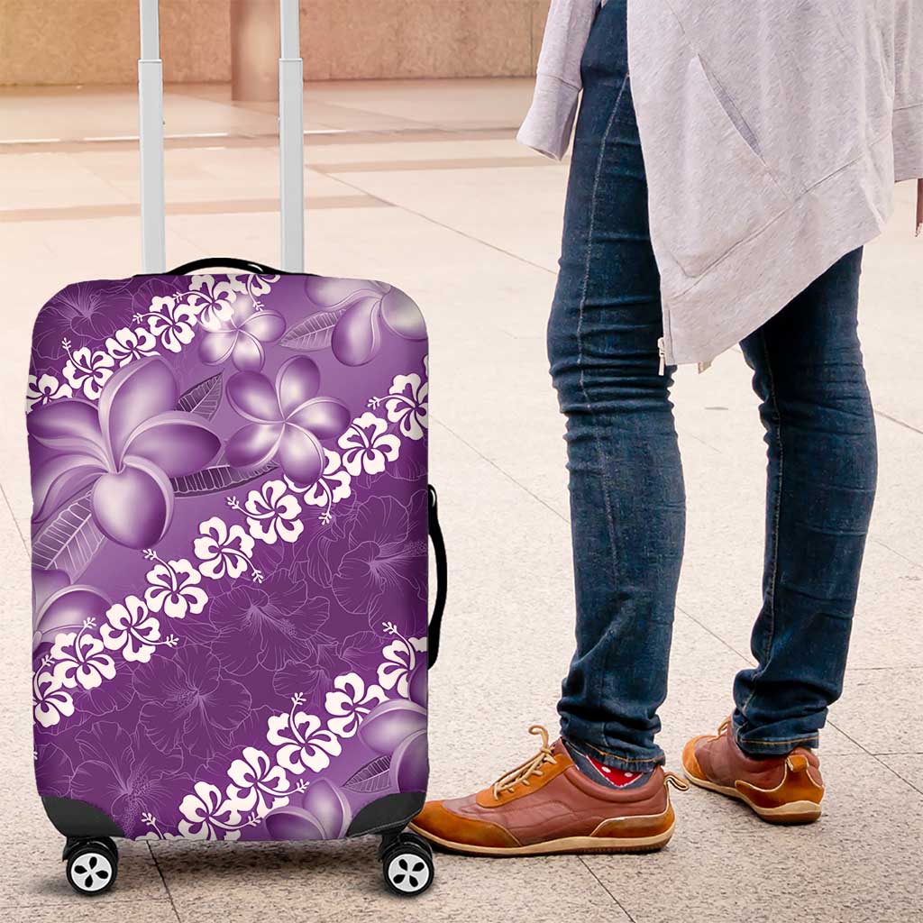 Vintage Purple Polynesia Luggage Cover Plumeria With Hibiscus Tropical Vibes LT14 Purple - Polynesian Pride