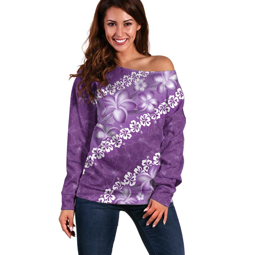 Vintage Purple Polynesia Off Shoulder Sweater Plumeria With Hibiscus Tropical Vibes LT14 Women Purple - Polynesian Pride