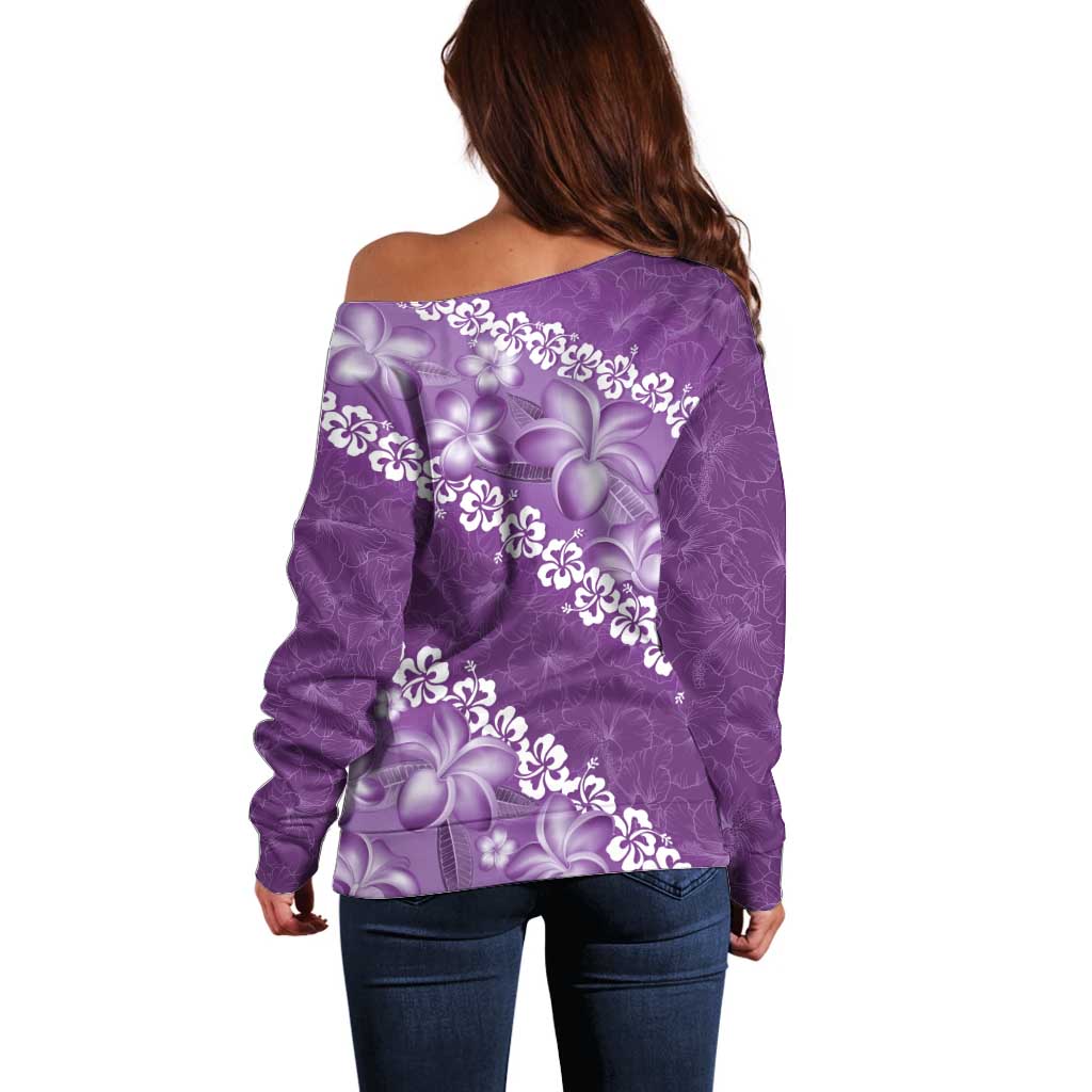 Vintage Purple Polynesia Off Shoulder Sweater Plumeria With Hibiscus Tropical Vibes