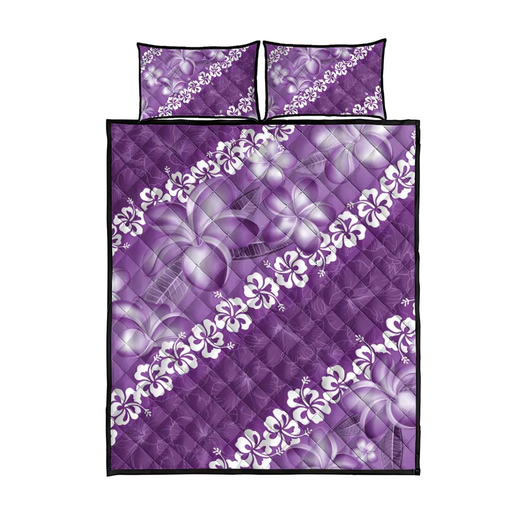 Vintage Purple Polynesia Quilt Bed Set Plumeria With Hibiscus Tropical Vibes