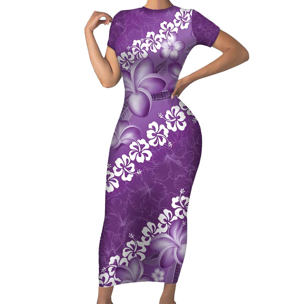 Vintage Purple Polynesia Short Sleeve Bodycon Dress Plumeria With Hibiscus Tropical Vibes LT14 Long Dress Purple - Polynesian Pride