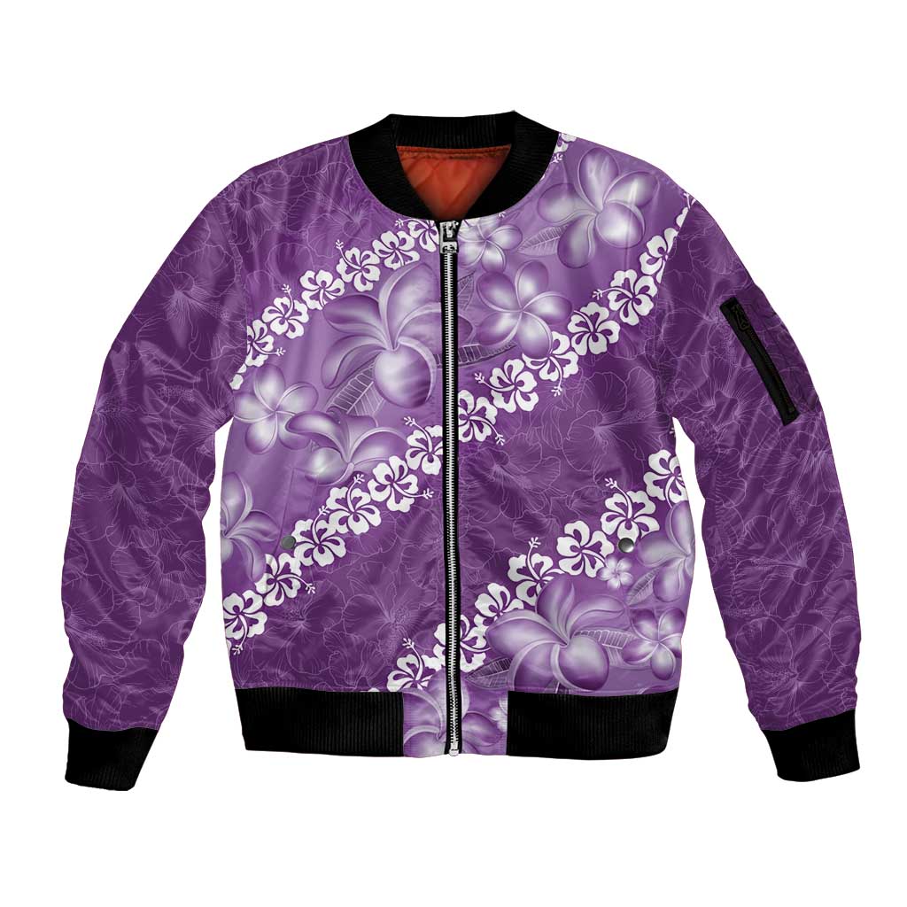 Vintage Purple Polynesia Sleeve Zip Bomber Jacket Plumeria With Hibiscus Tropical Vibes LT14 Unisex Purple - Polynesian Pride