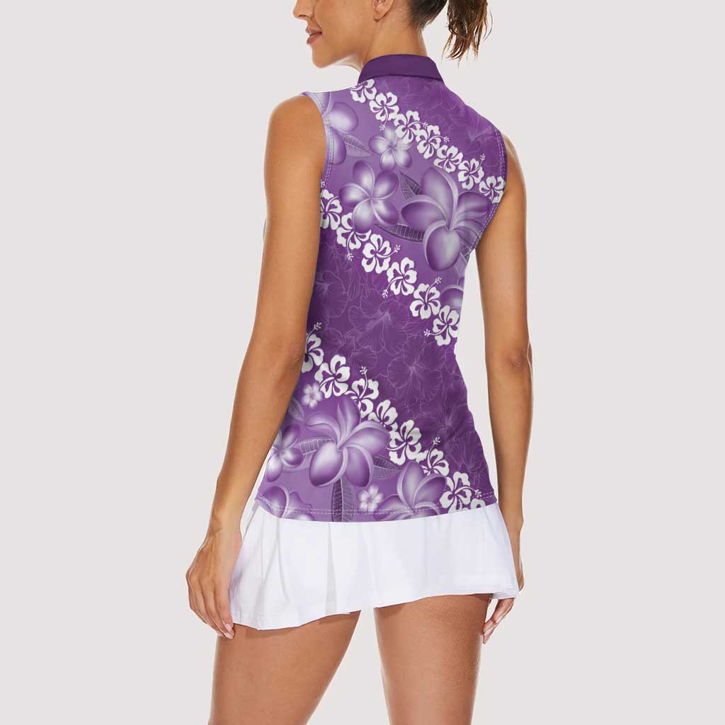 Vintage Purple Polynesia Women Sleeveless Polo Shirt Plumeria With Hibiscus Tropical Vibes