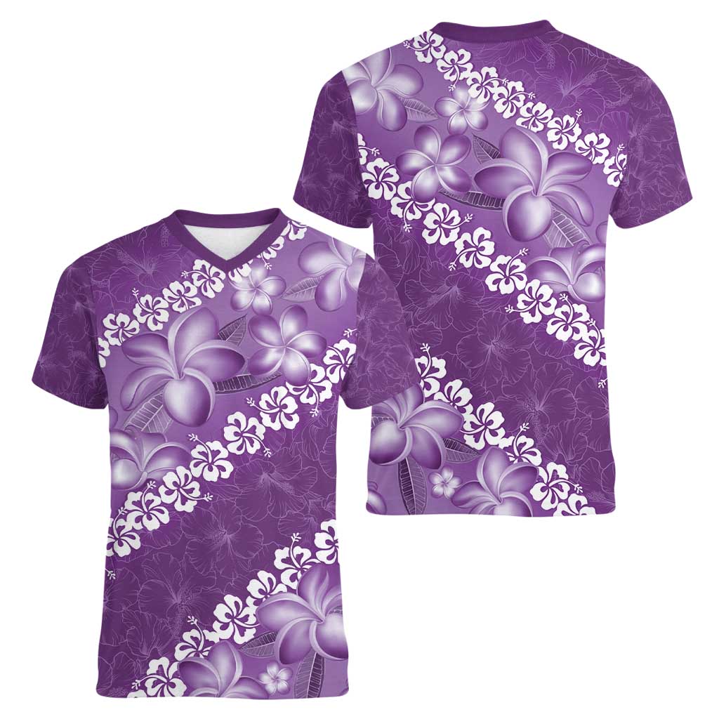 Vintage Purple Polynesia Women V-Neck T-Shirt Plumeria With Hibiscus Tropical Vibes