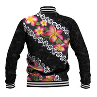 Black Polynesia Baseball Jacket Plumeria With Hibiscus Pattern Tropical Vibes