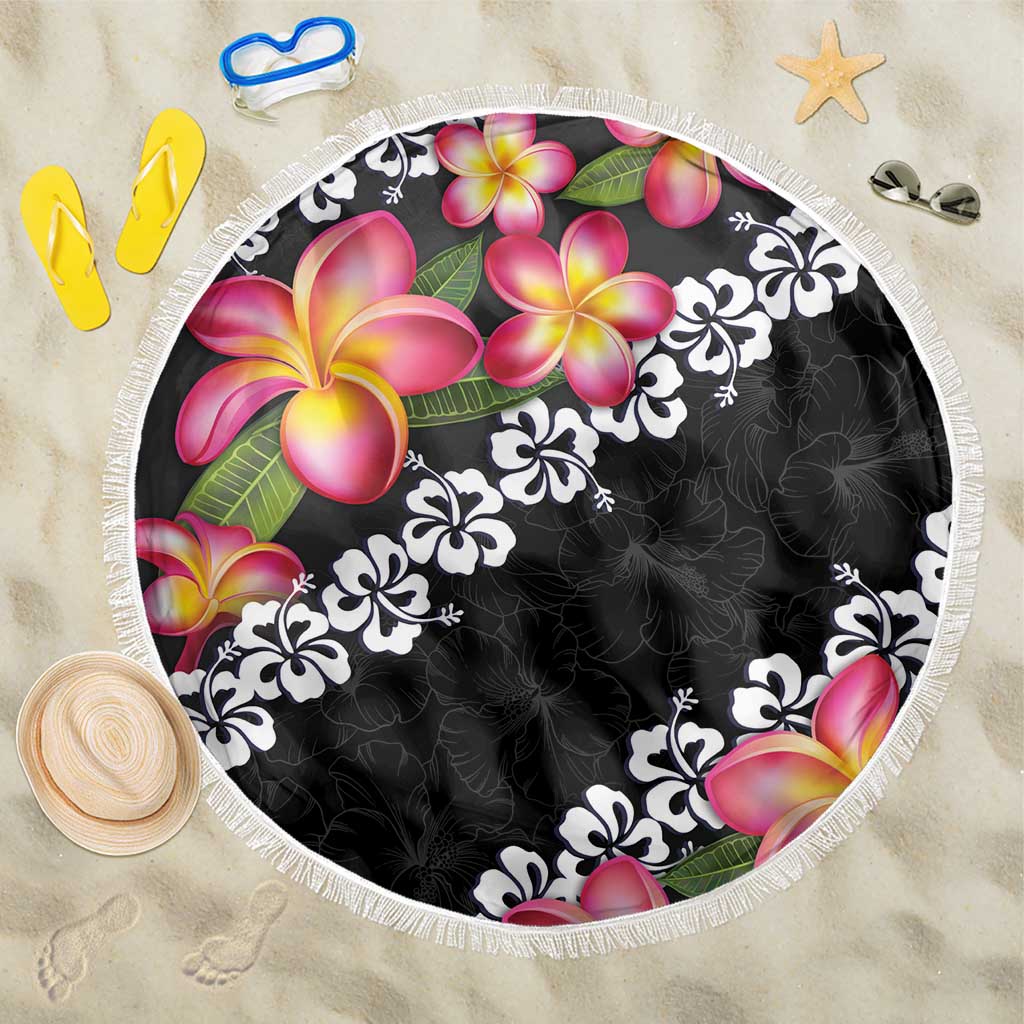 Black Polynesia Beach Blanket Plumeria With Hibiscus Pattern Tropical Vibes LT14 One Size 150cm Black - Polynesian Pride