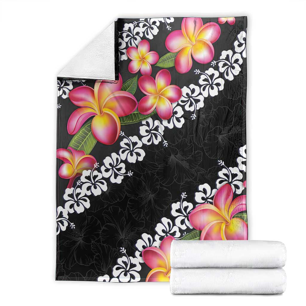 Black Polynesia Blanket Plumeria With Hibiscus Pattern Tropical Vibes