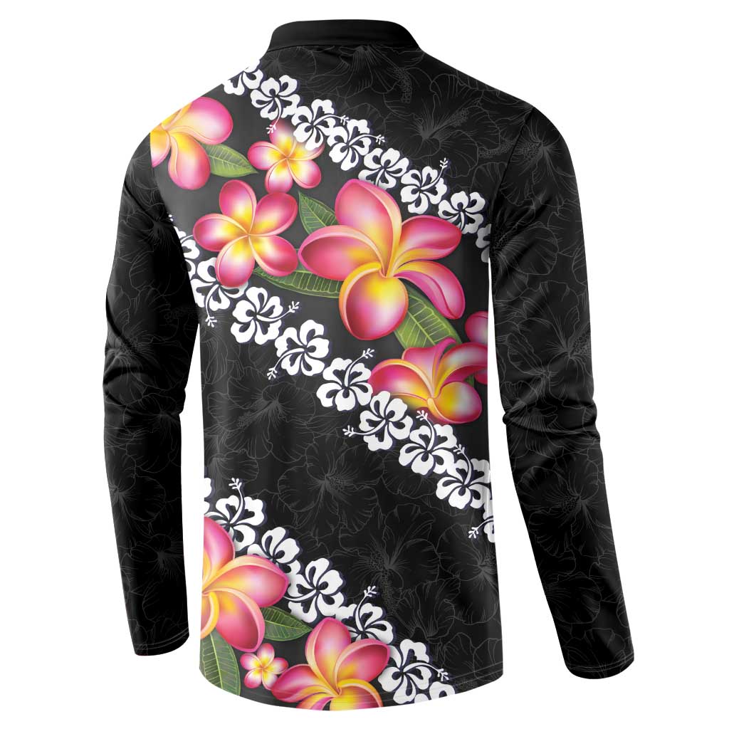 Black Polynesia Button Sweatshirt Plumeria With Hibiscus Pattern Tropical Vibes