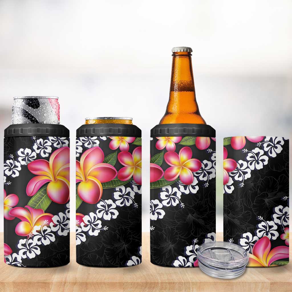 Black Polynesia 4 in 1 Can Cooler Tumbler Plumeria With Hibiscus Pattern Tropical Vibes