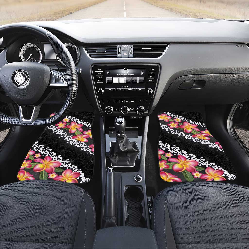 Black Polynesia Car Mats Plumeria With Hibiscus Pattern Tropical Vibes