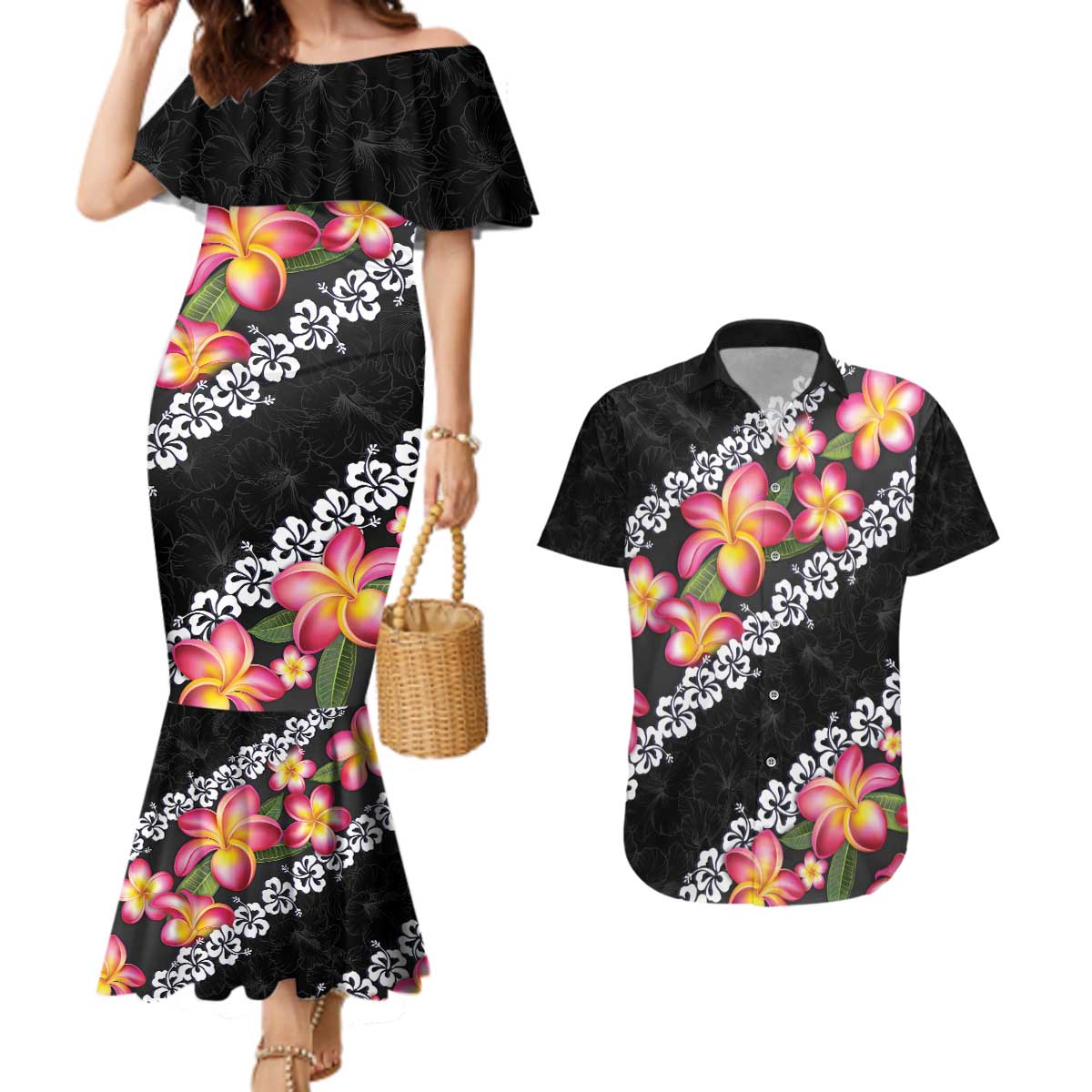 Black Polynesia Couples Matching Mermaid Dress and Hawaiian Shirt Plumeria With Hibiscus Pattern Tropical Vibes LT14 Black - Polynesian Pride