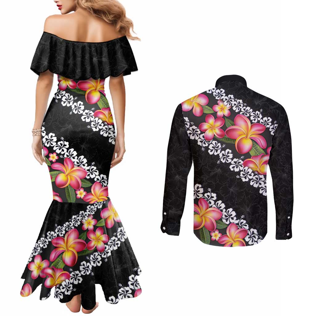 Black Polynesia Couples Matching Mermaid Dress and Long Sleeve Button Shirt Plumeria With Hibiscus Pattern Tropical Vibes