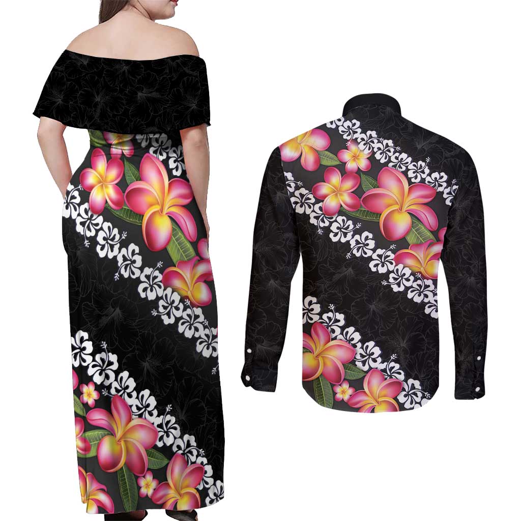 Black Polynesia Couples Matching Off Shoulder Maxi Dress and Long Sleeve Button Shirt Plumeria With Hibiscus Pattern Tropical Vibes