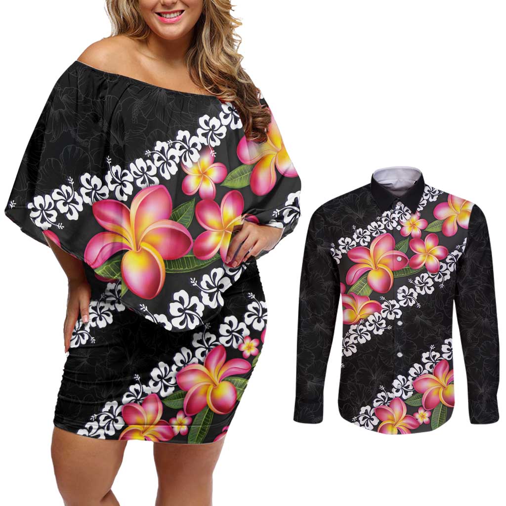 Black Polynesia Couples Matching Off Shoulder Short Dress and Long Sleeve Button Shirt Plumeria With Hibiscus Pattern Tropical Vibes