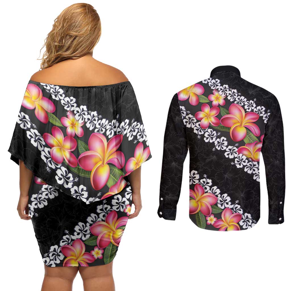 Black Polynesia Couples Matching Off Shoulder Short Dress and Long Sleeve Button Shirt Plumeria With Hibiscus Pattern Tropical Vibes