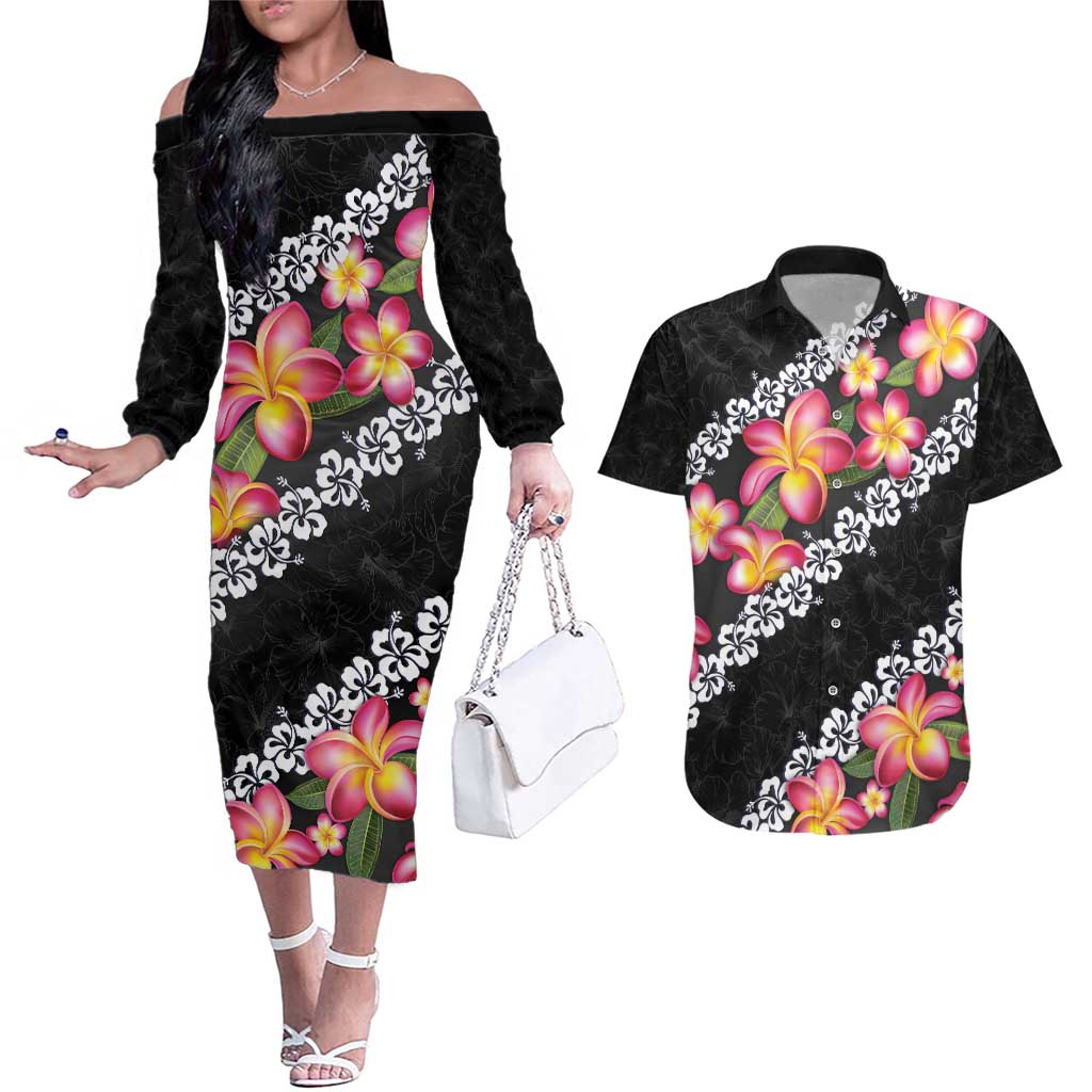 Black Polynesia Couples Matching Off The Shoulder Long Sleeve Dress and Hawaiian Shirt Plumeria With Hibiscus Pattern Tropical Vibes LT14 Black - Polynesian Pride