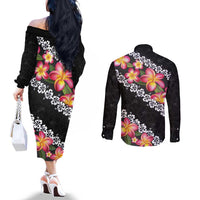 Black Polynesia Couples Matching Off The Shoulder Long Sleeve Dress and Long Sleeve Button Shirt Plumeria With Hibiscus Pattern Tropical Vibes