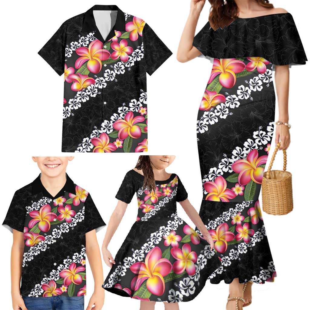 Black Polynesia Family Matching Mermaid Dress and Hawaiian Shirt Plumeria With Hibiscus Pattern Tropical Vibes LT14 - Polynesian Pride