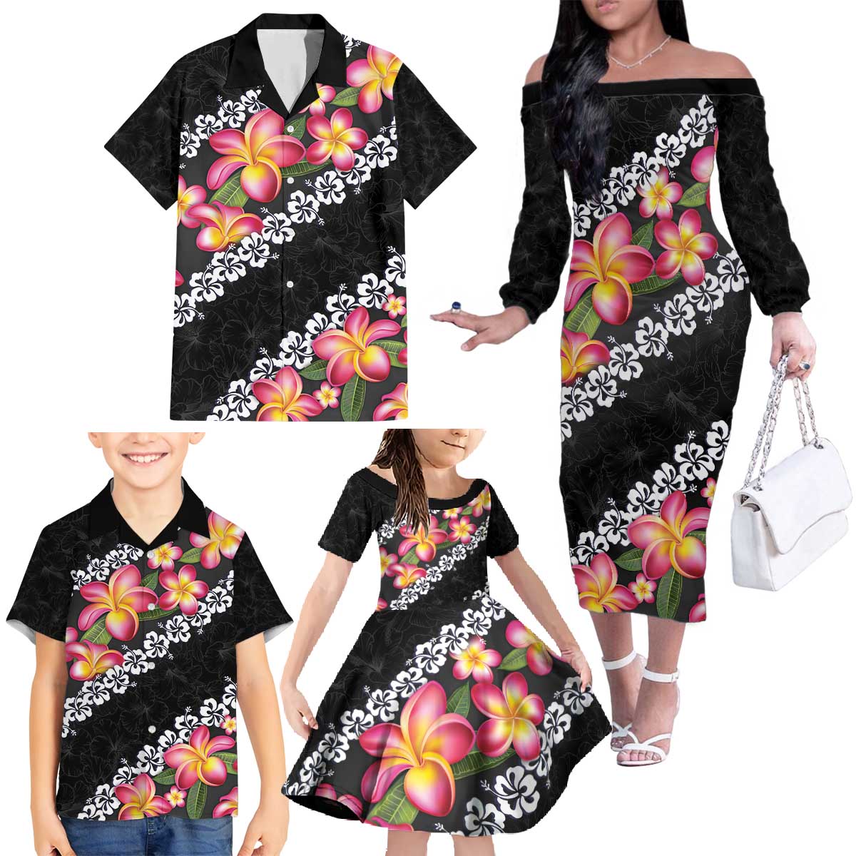 Black Polynesia Family Matching Off The Shoulder Long Sleeve Dress and Hawaiian Shirt Plumeria With Hibiscus Pattern Tropical Vibes LT14 - Polynesian Pride